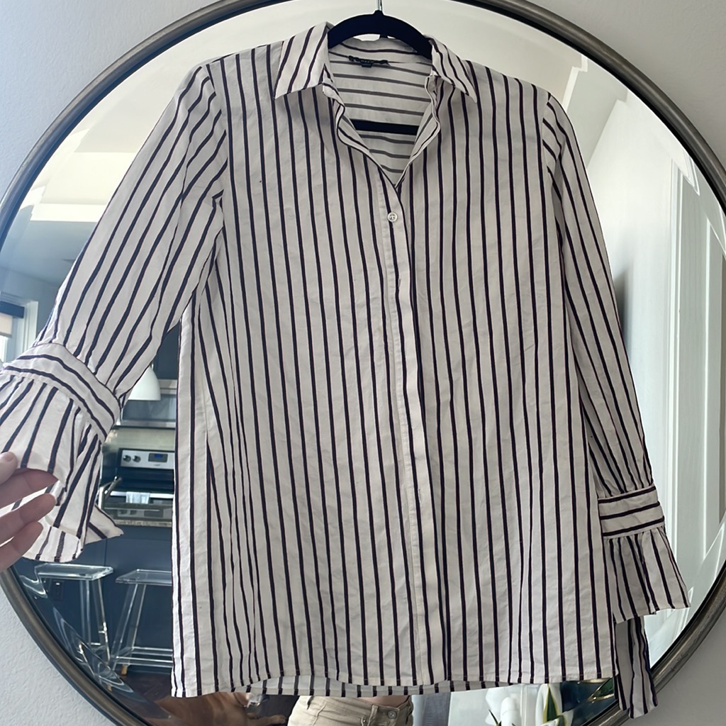 Drew Tie Ruffle Sleeve Striped Cotton Button Down Blouse S Ivory Blue Red